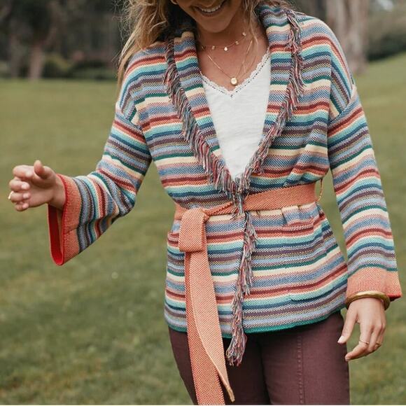 Marine Layer Alamere Cardigan Long Fringe Belted Sweater Multi Stripe NWT Medium - Picture 1 of 8